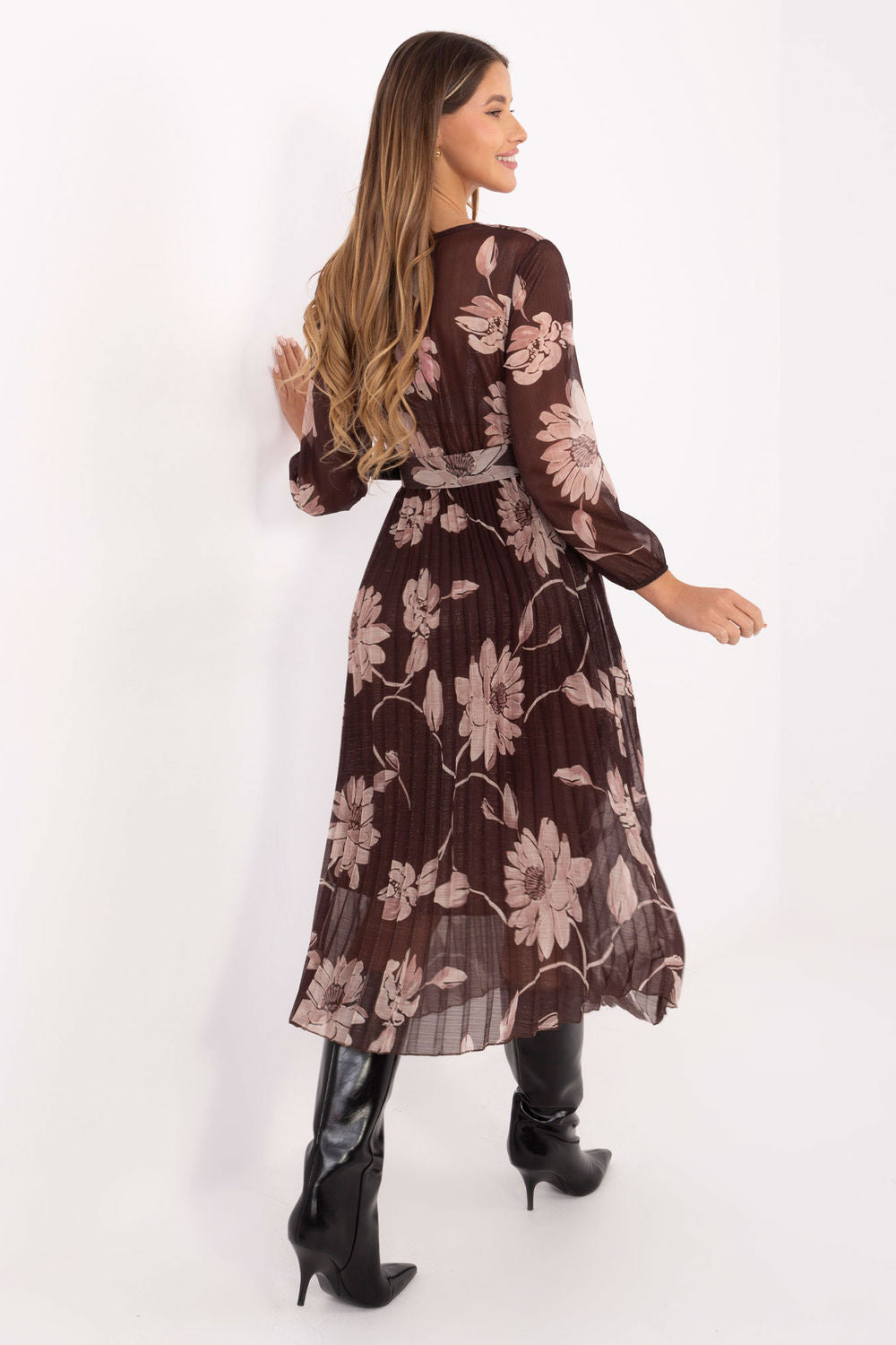 Italy Moda Brown Midi Floral Dress with Belt - view 3