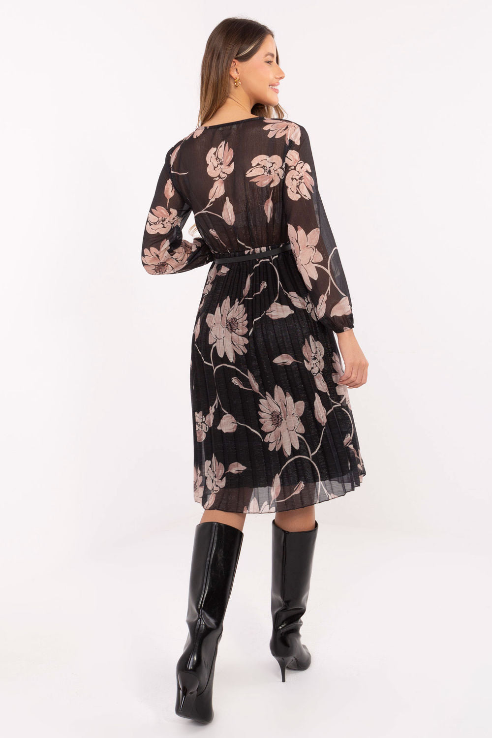 Italy Moda Black Polyester Midi Floral Dress - view 2