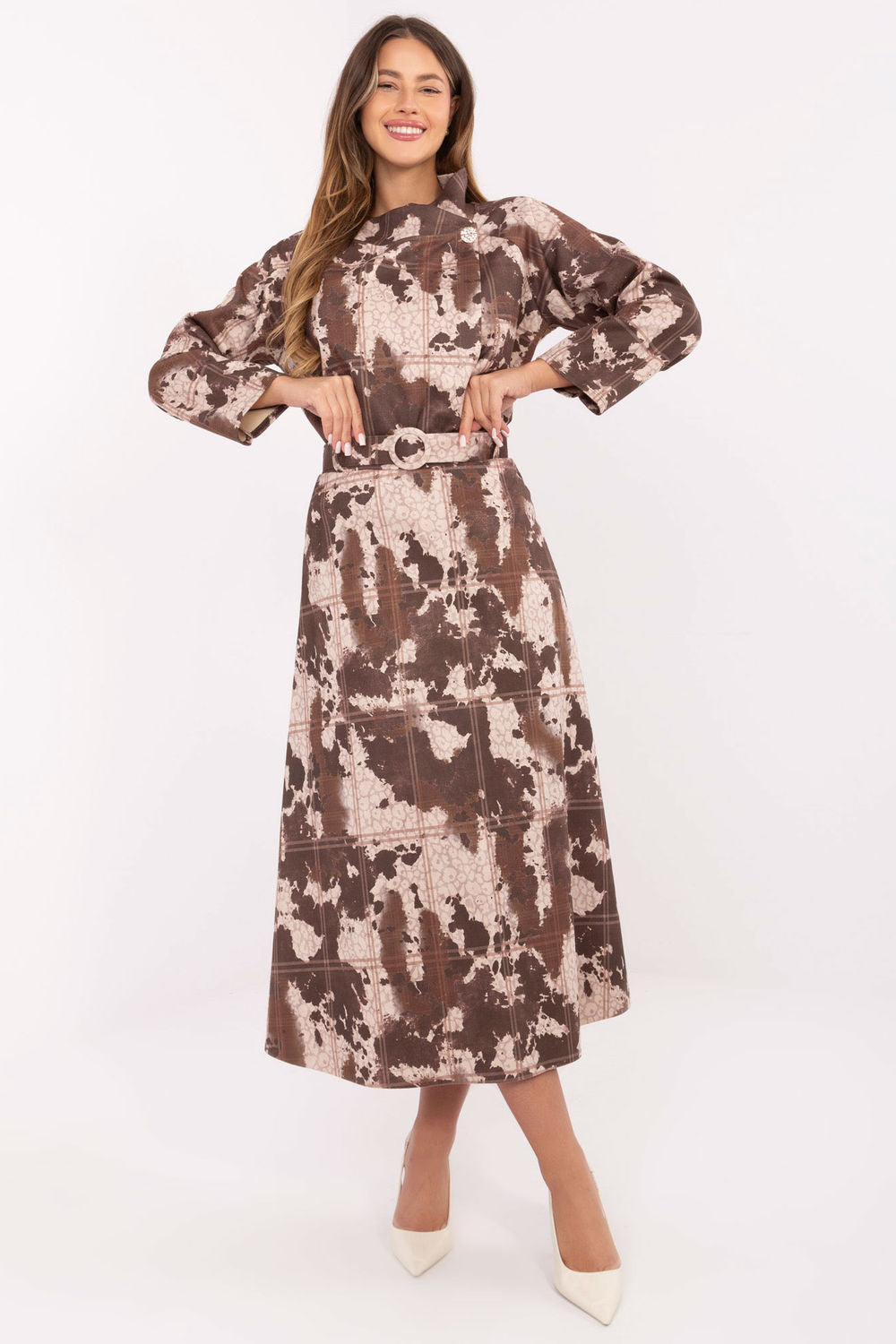 Italy Moda Khaki Polyester Suede Midi Skirt
