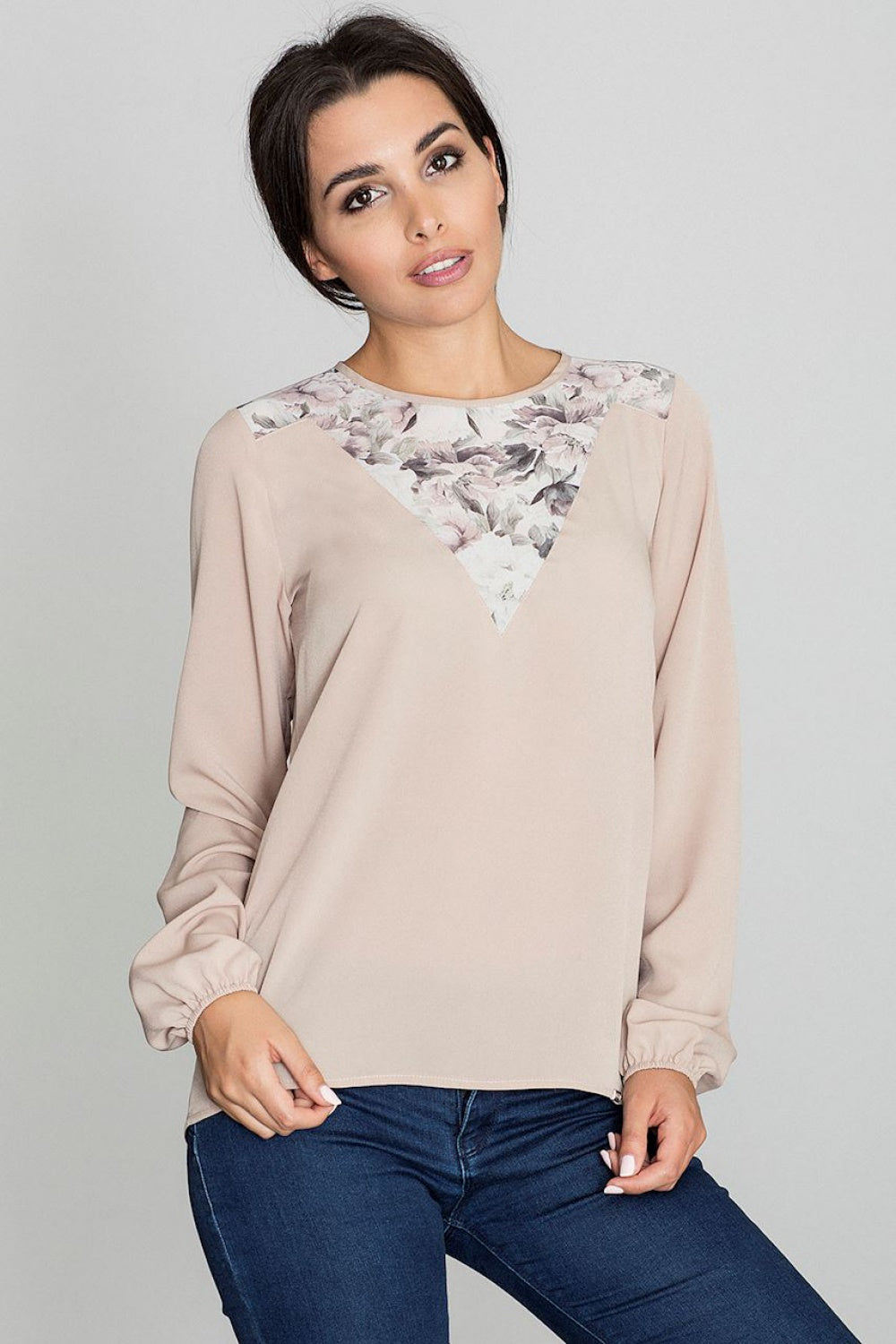Figl Beige Straight Long Sleeve Blouse