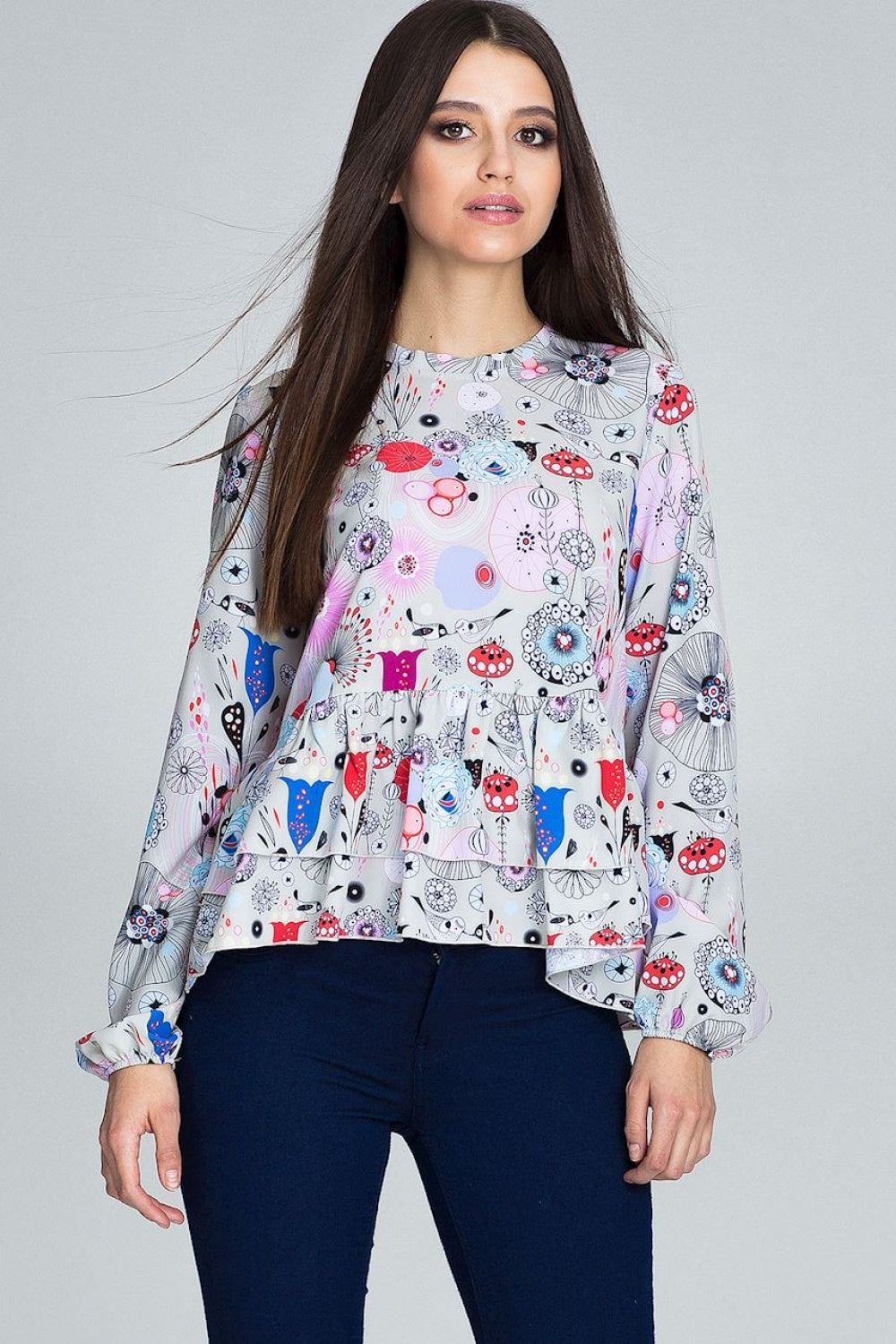 Figl Patterned Collared Floral Long Sleeve Blouse