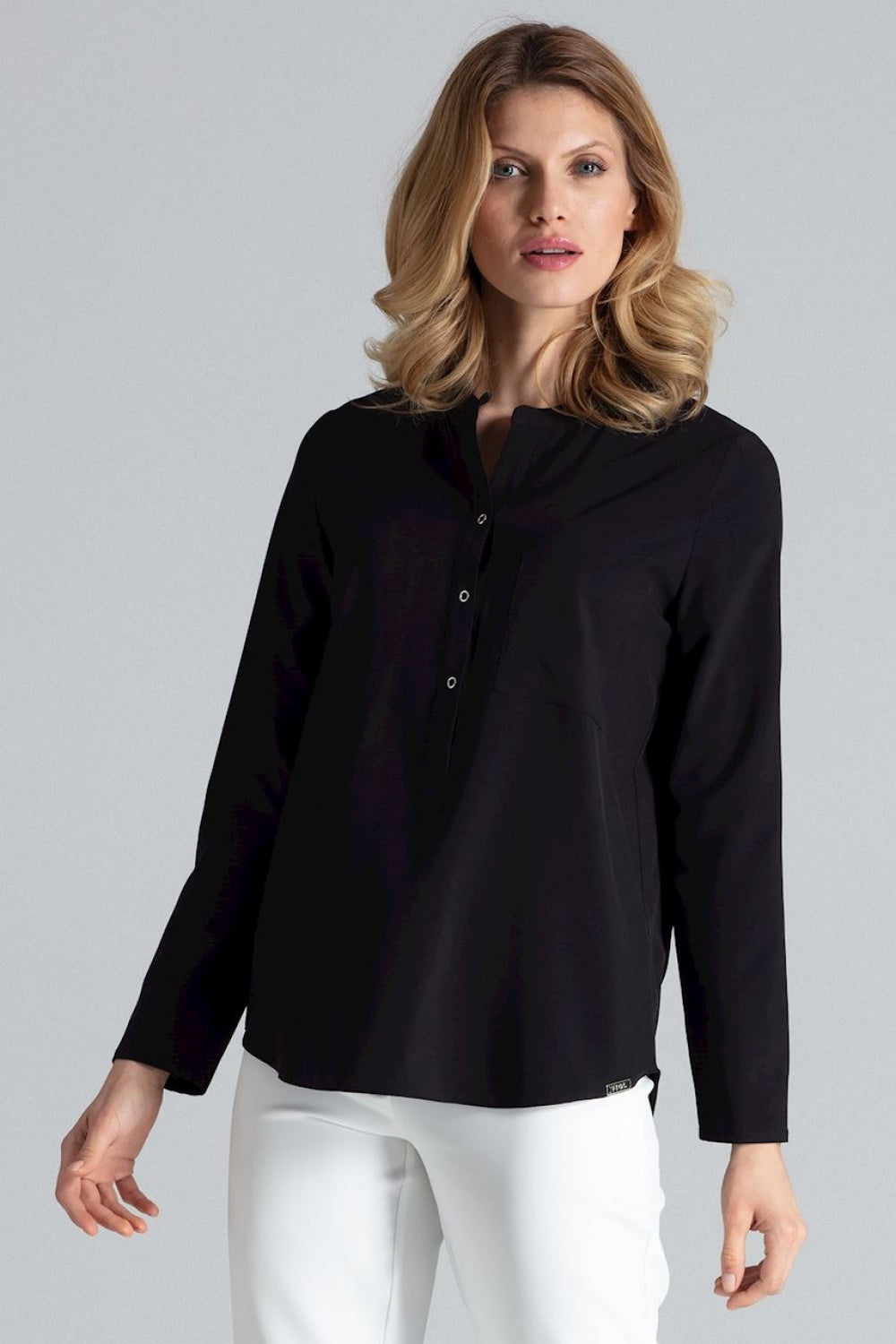 Figl Black Stand Collar Long Sleeve Blouse