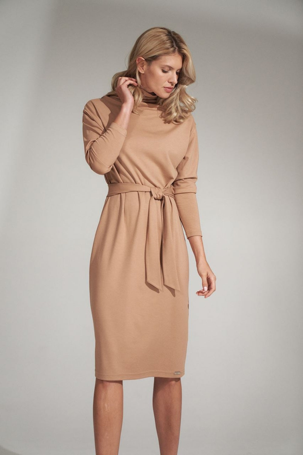 Figl Beige Roll Neck Midi Long Sleeve Dress