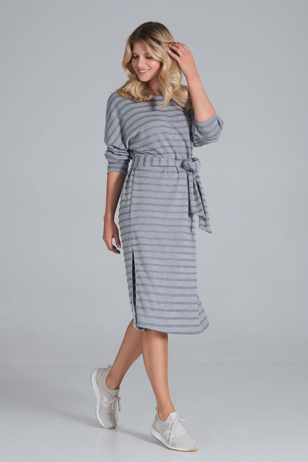 Figl Grey Round Neck Midi Long Sleeve Dress