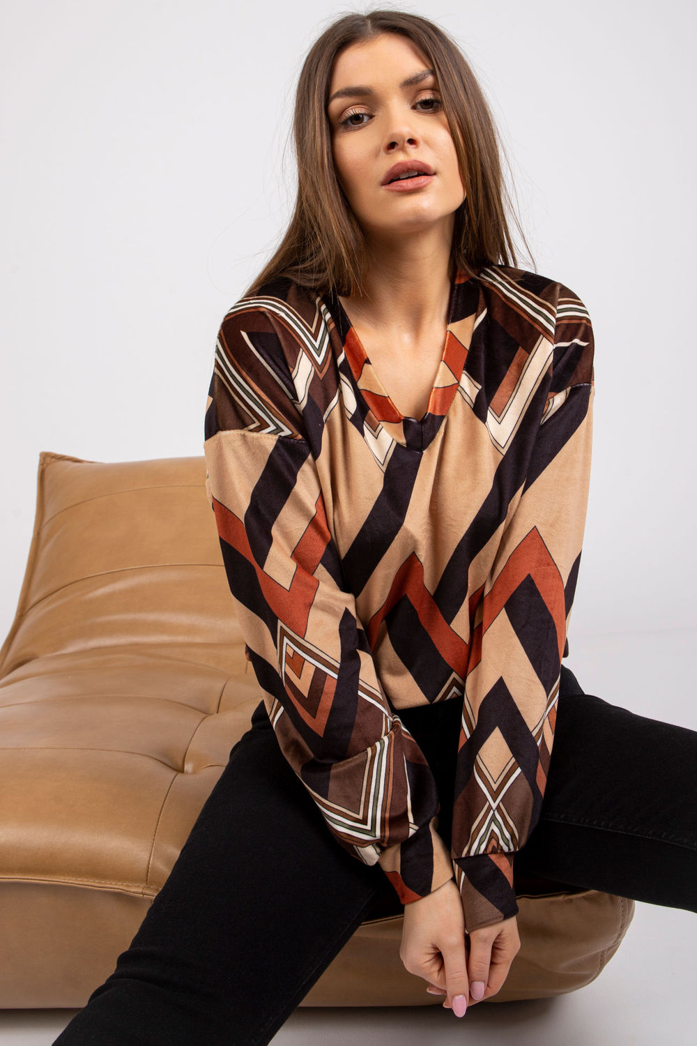 Italy Moda Brown Velvet Long Sleeve Blouse - view 3