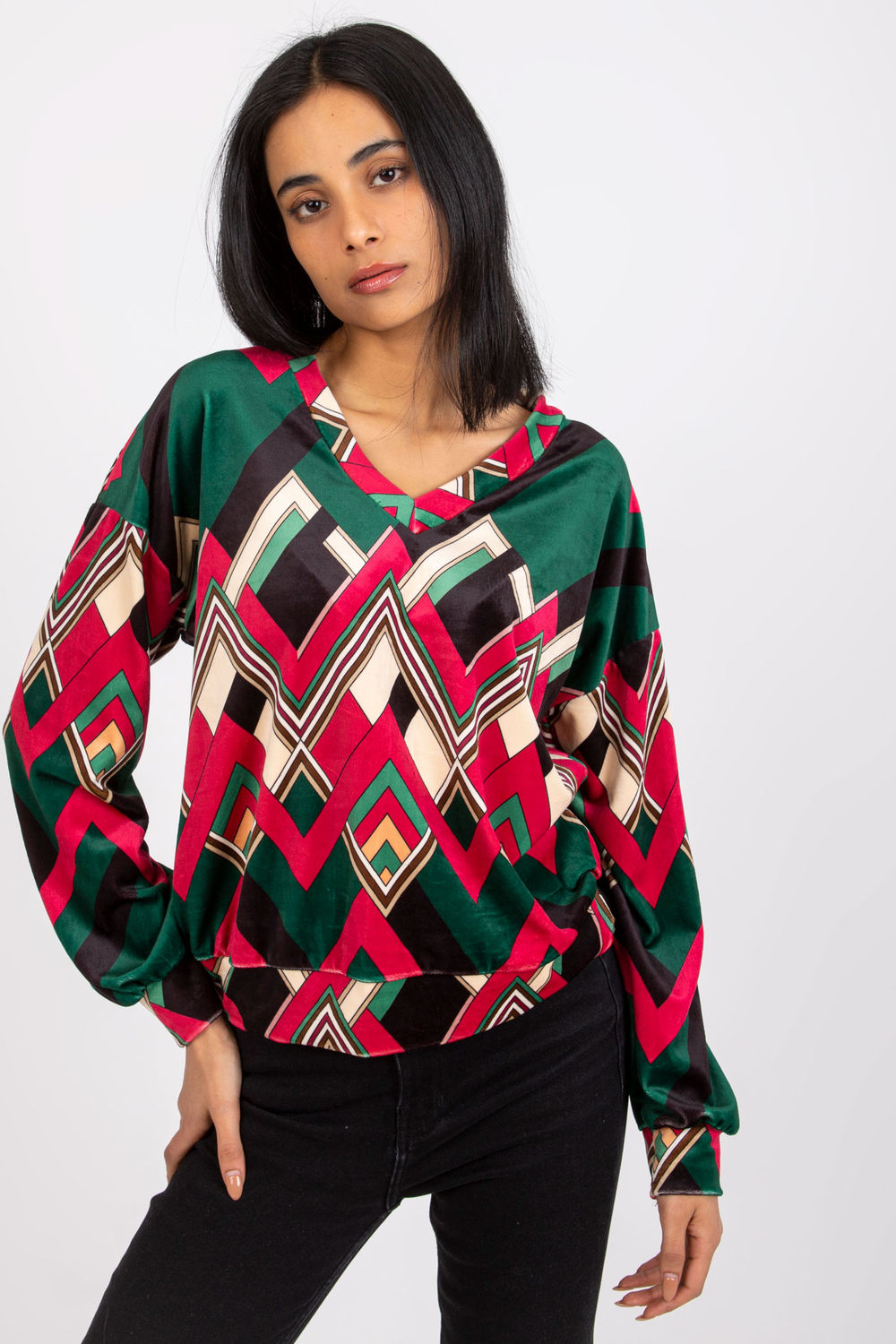 Italy Moda Green Velvet Long Sleeve Blouse
