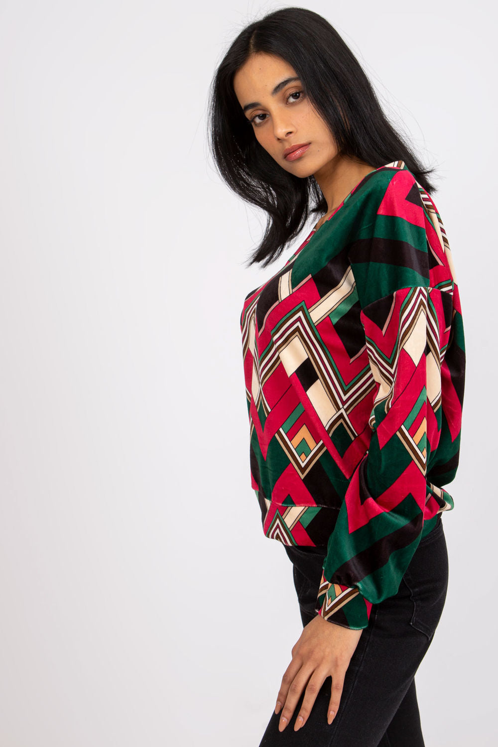 Italy Moda Green Velvet Long Sleeve Blouse - view 3