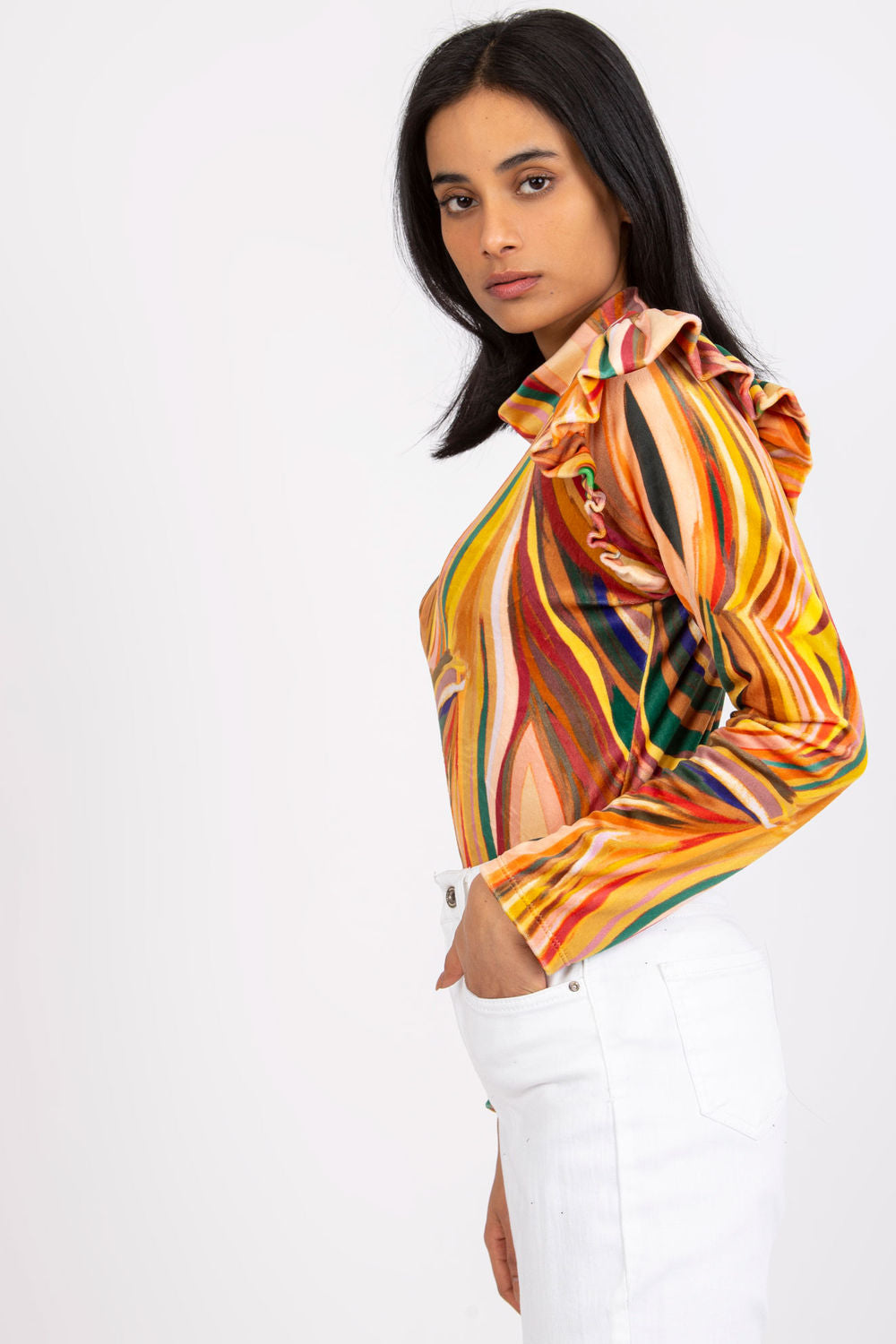 Italy Moda Yellow Velvet Long Sleeve Blouse - view 3