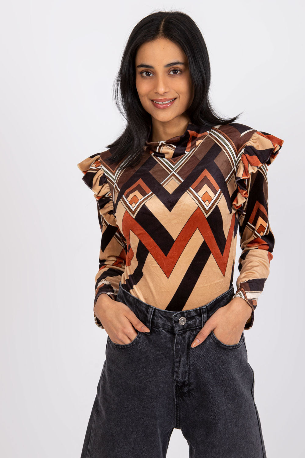 Italy Moda Brown Stand Collar Velvet Long Sleeve Blouse
