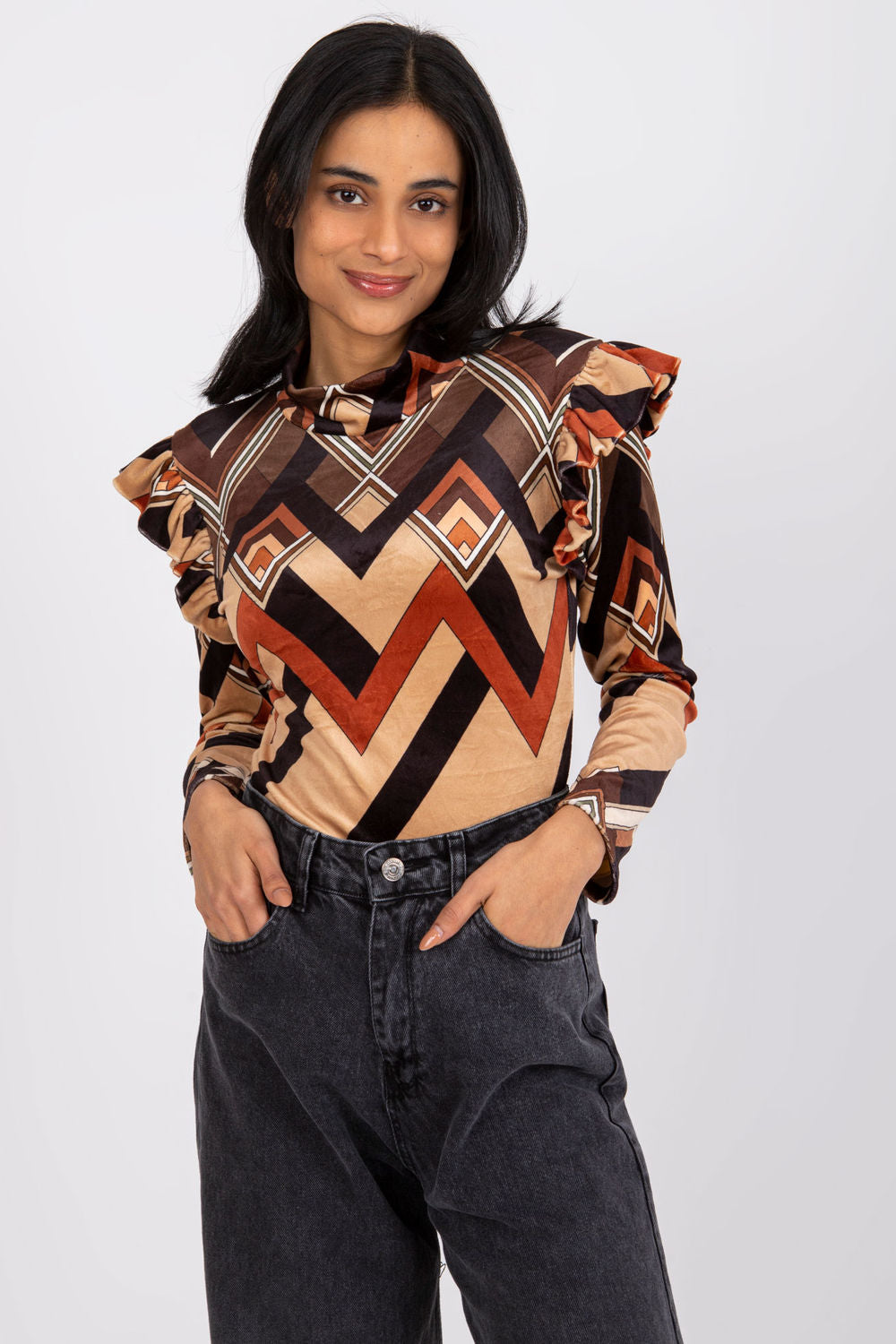 Italy Moda Brown Stand Collar Velvet Long Sleeve Blouse - view 3