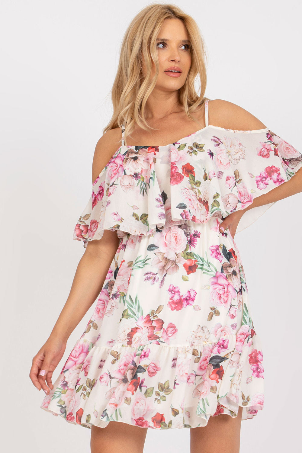 Och Bella Light Beige Floral Flared Dress