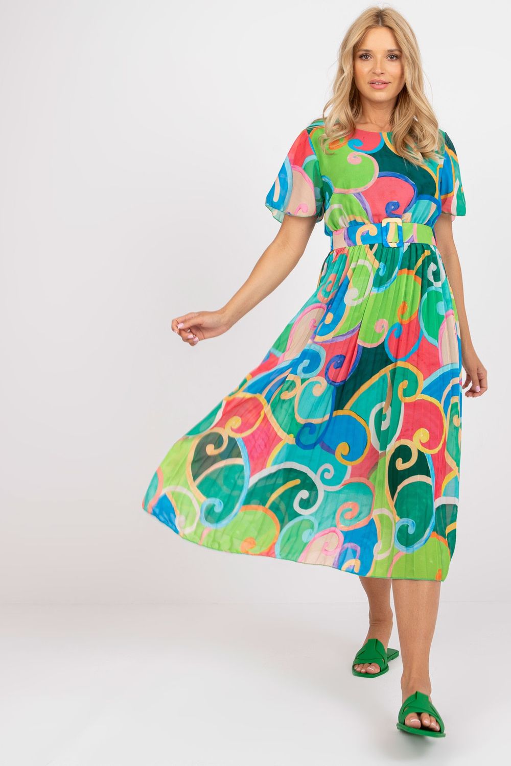 Italy Moda Green Polyester Flared Short Sleeve Dress - view 2