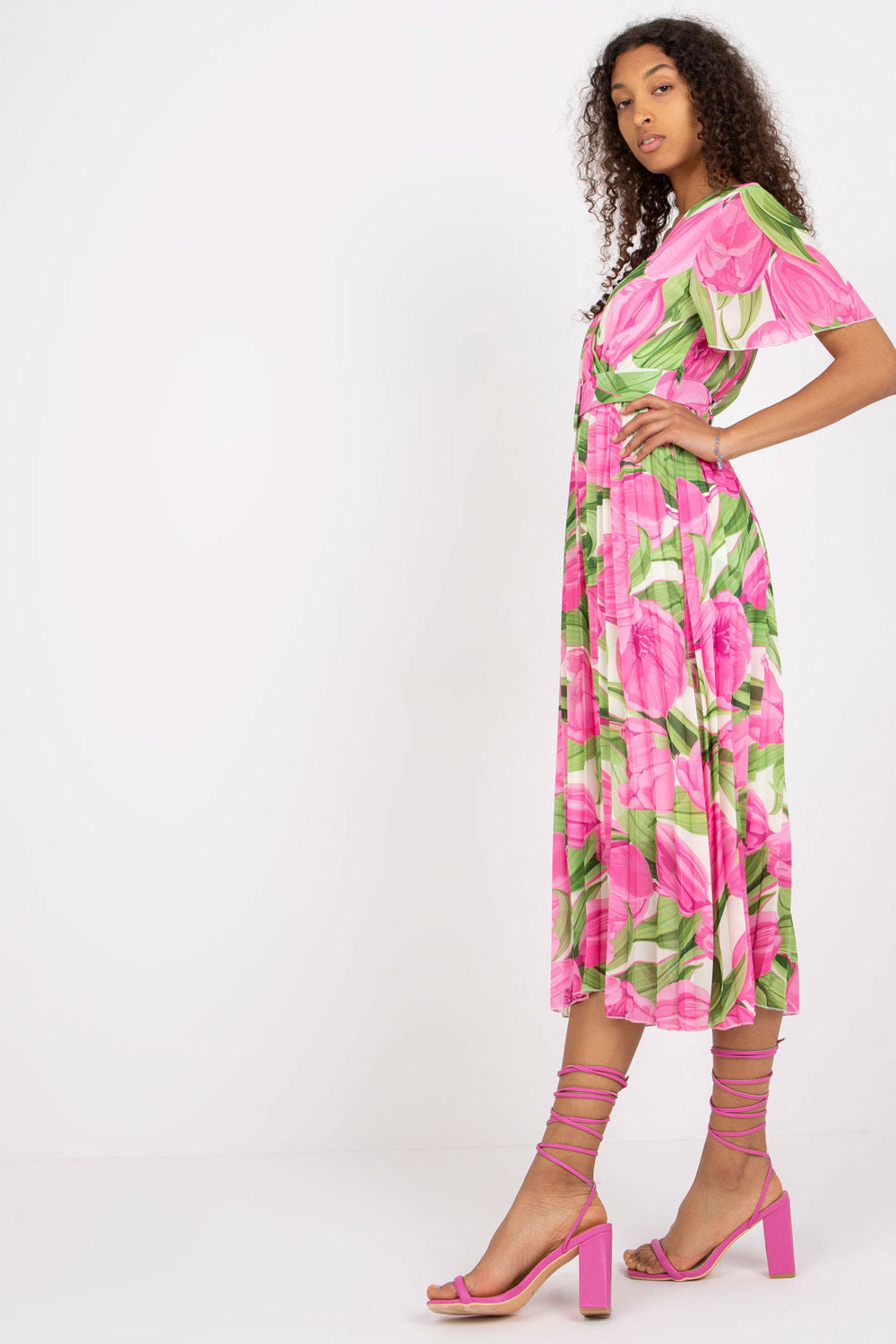 Italy Moda Pink Polyester Wrap Short Sleeve Dress with Belt - view 3
