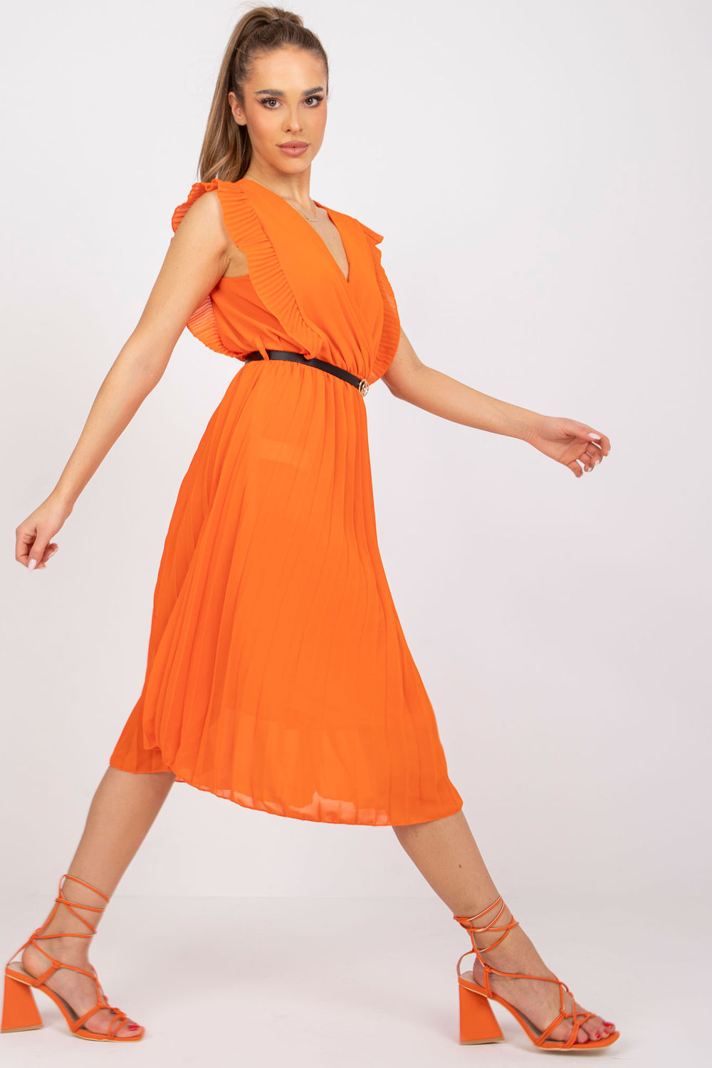 Italy Moda Orange Polyester Pleated Short Sleeve Dress - view 2