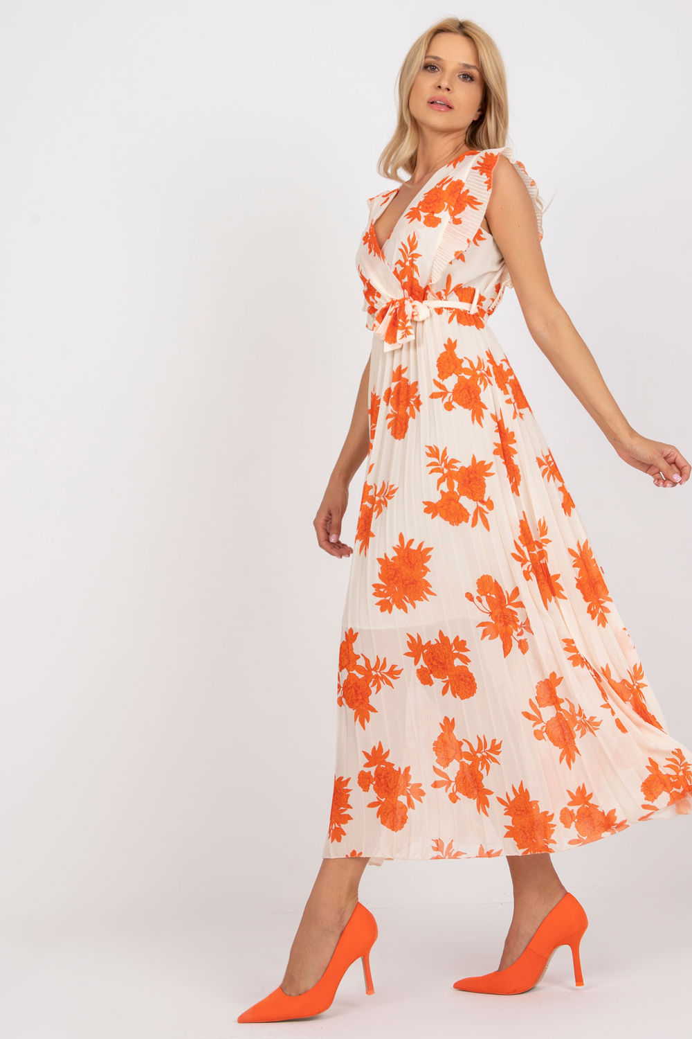 Italy Moda Orange Pleated Short Sleeve Dress