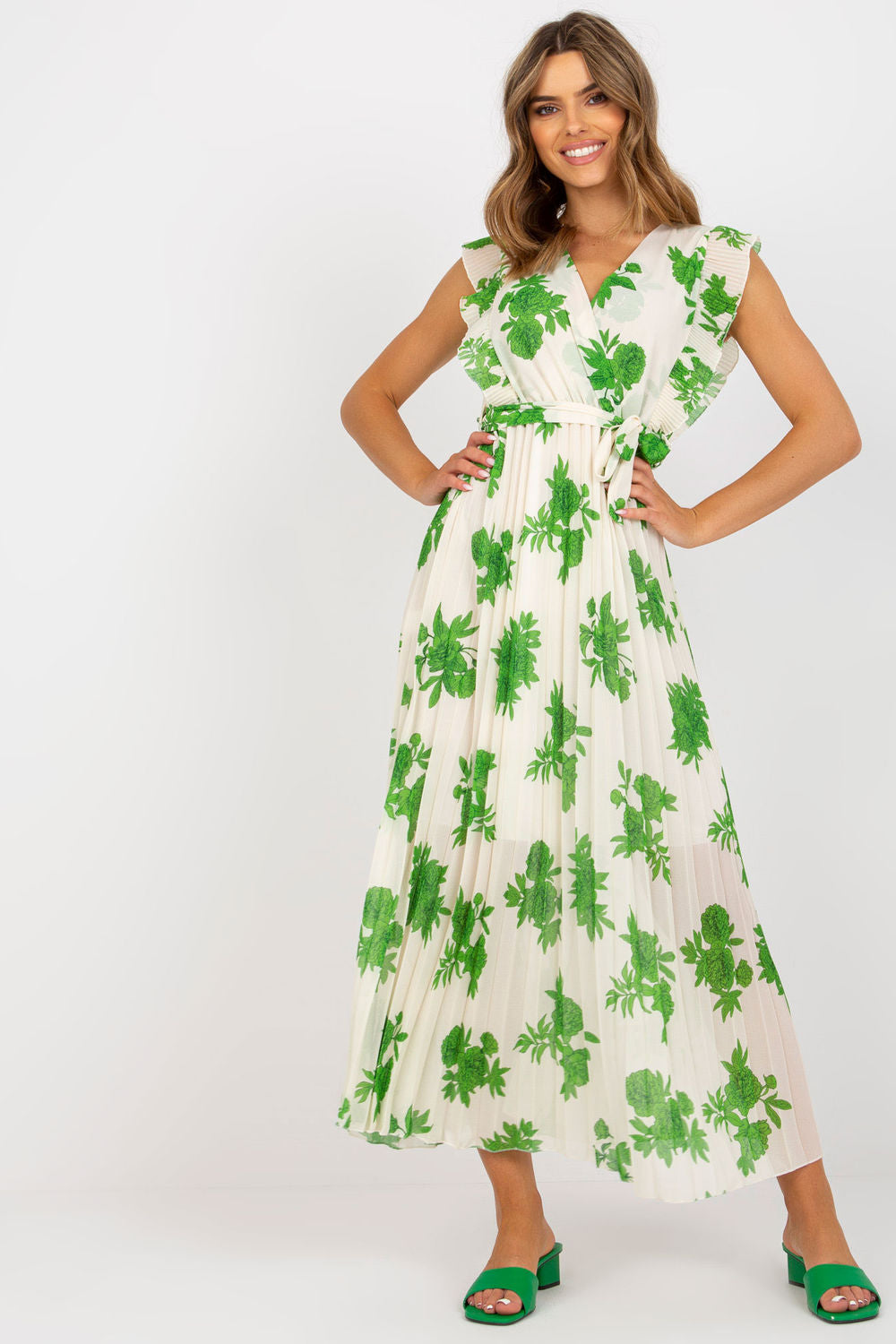 Italy Moda Green Polyester Pleated Short Sleeve Dress