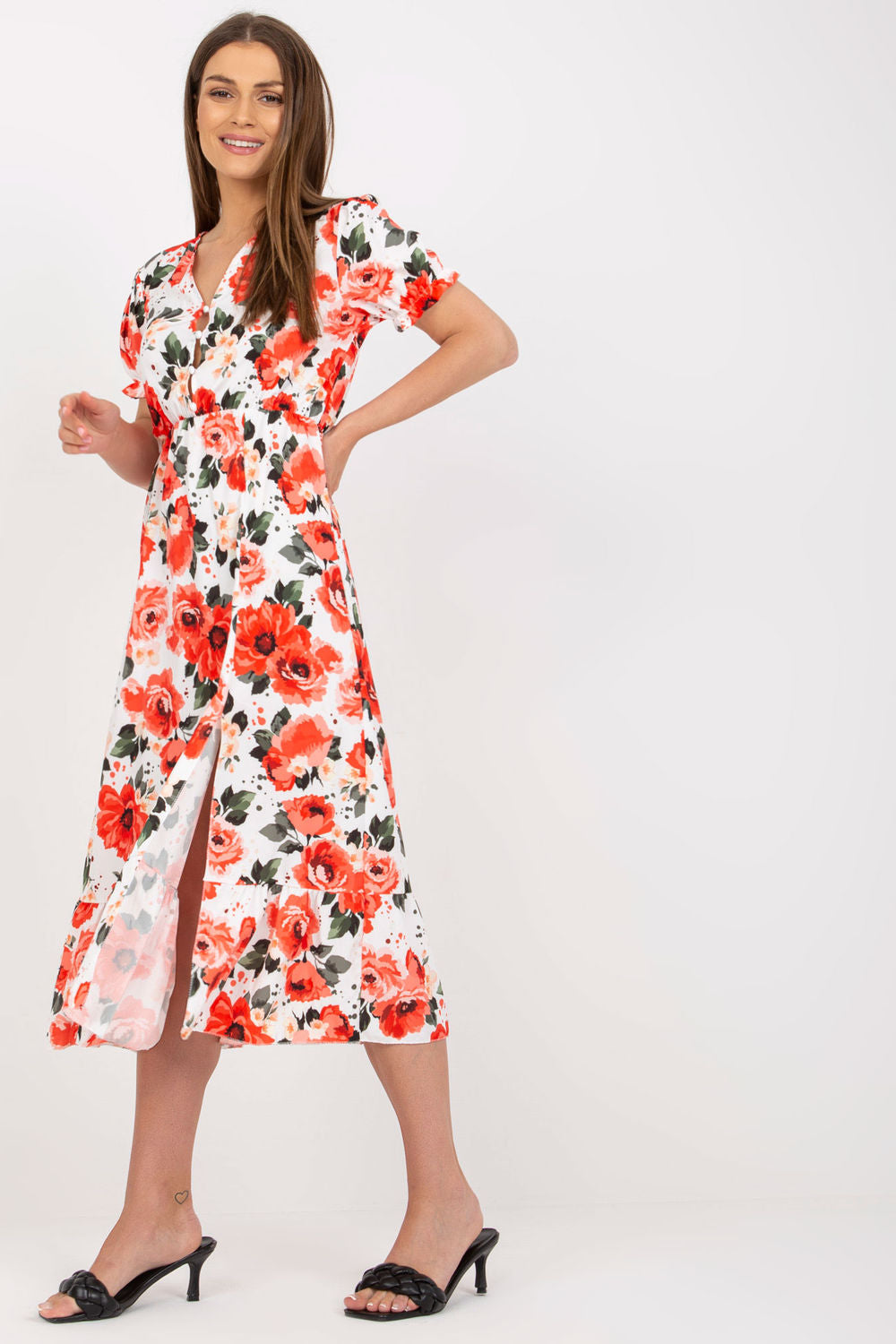 Italy Moda Red Floral Short Sleeve Dress - view 3