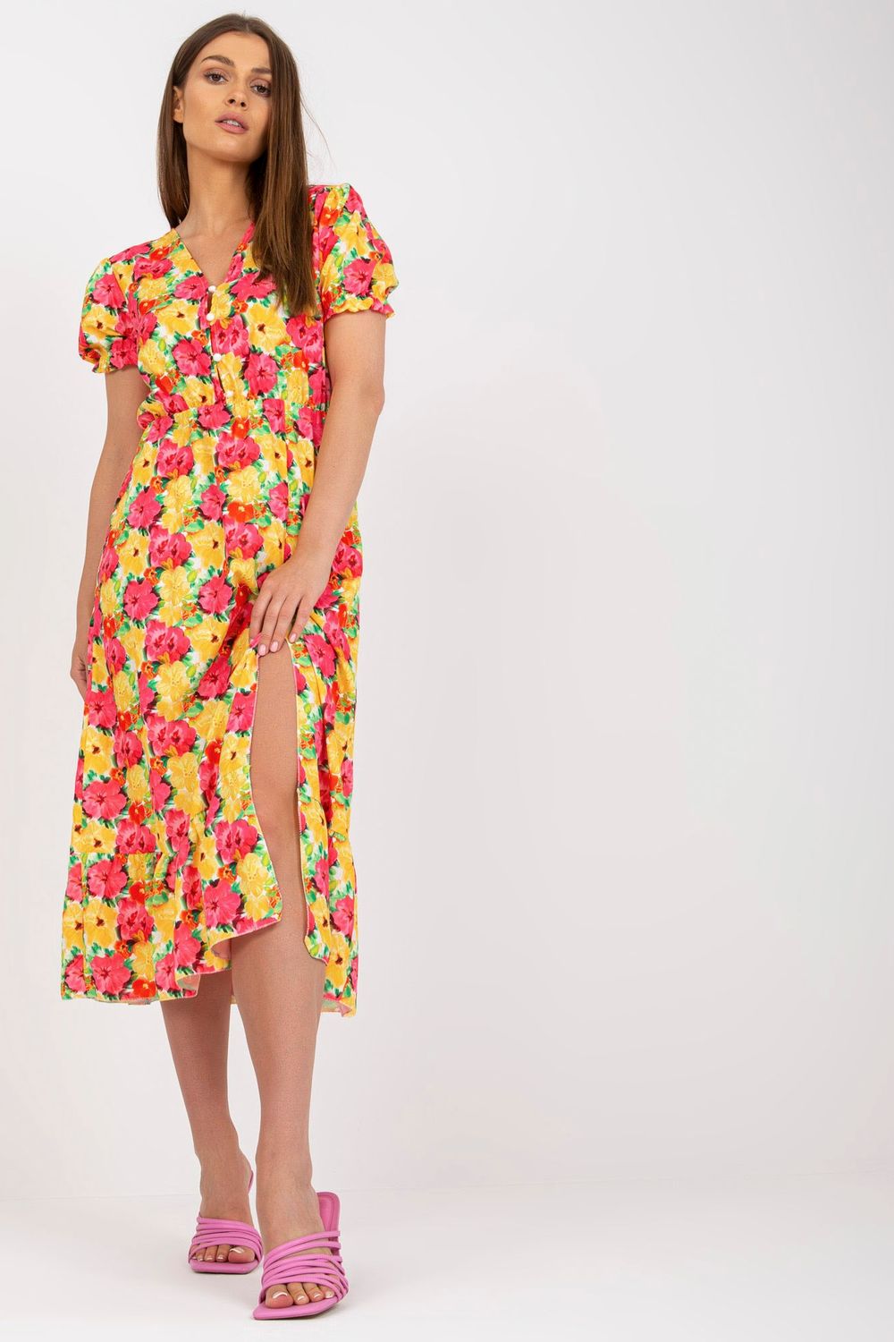 Italy Moda Yellow Floral Short Sleeve Dress - view 2