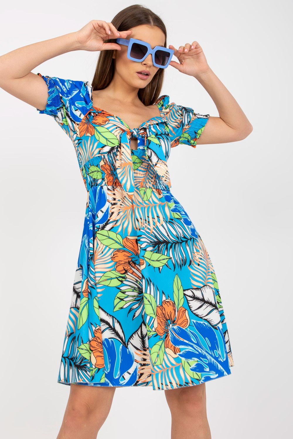 Italy Moda Blue Pleated Short Sleeve Dress