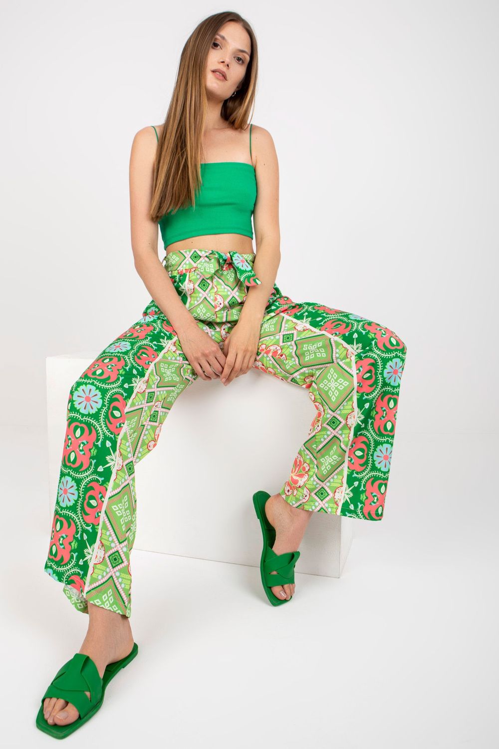 Italy Moda Green Wide Leg High Waisted Trousers - view 2