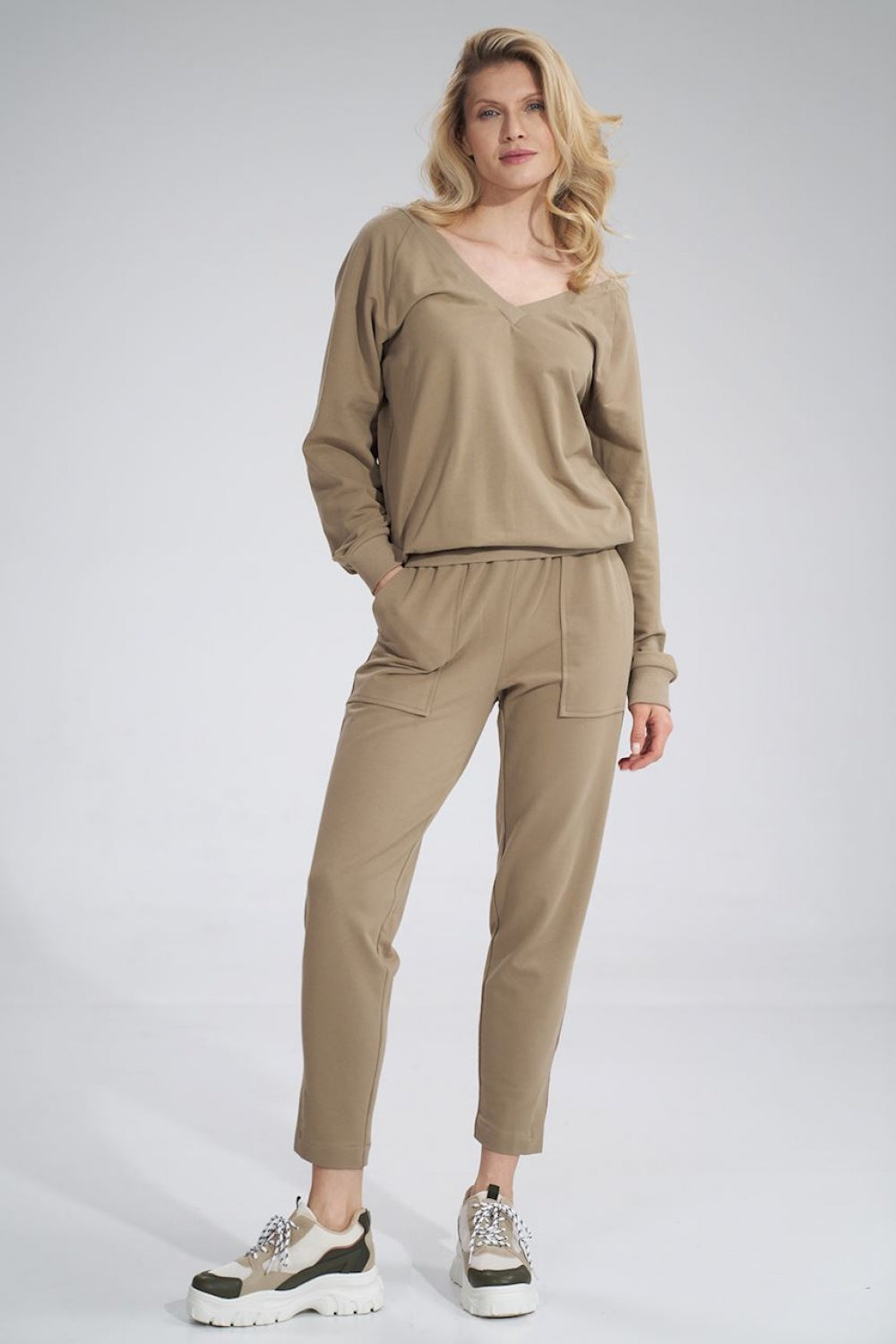 Figl Beige V-Neck Long Sleeve Sweatshirt - view 2