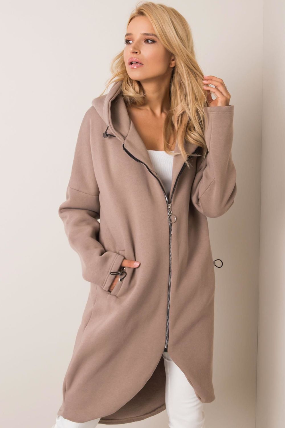 Rue Paris Dark Beige Cotton Hooded Long Sleeve Sweatshirt