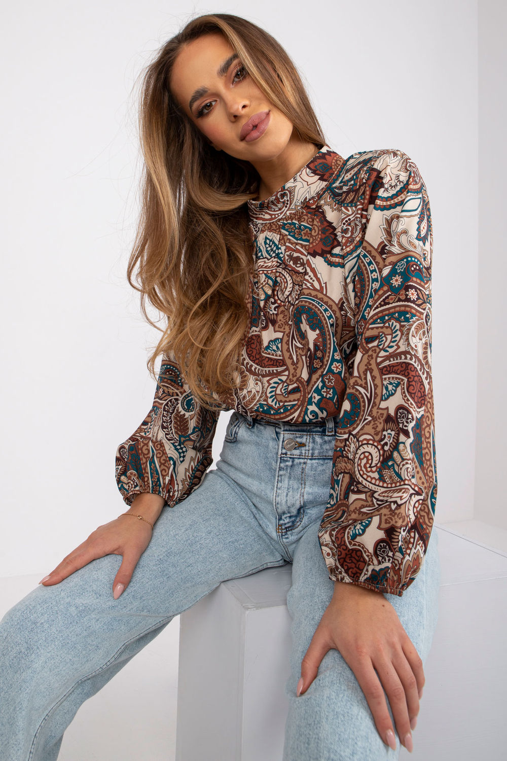 Italy Moda Beige Collared Long Sleeve Blouse - view 2
