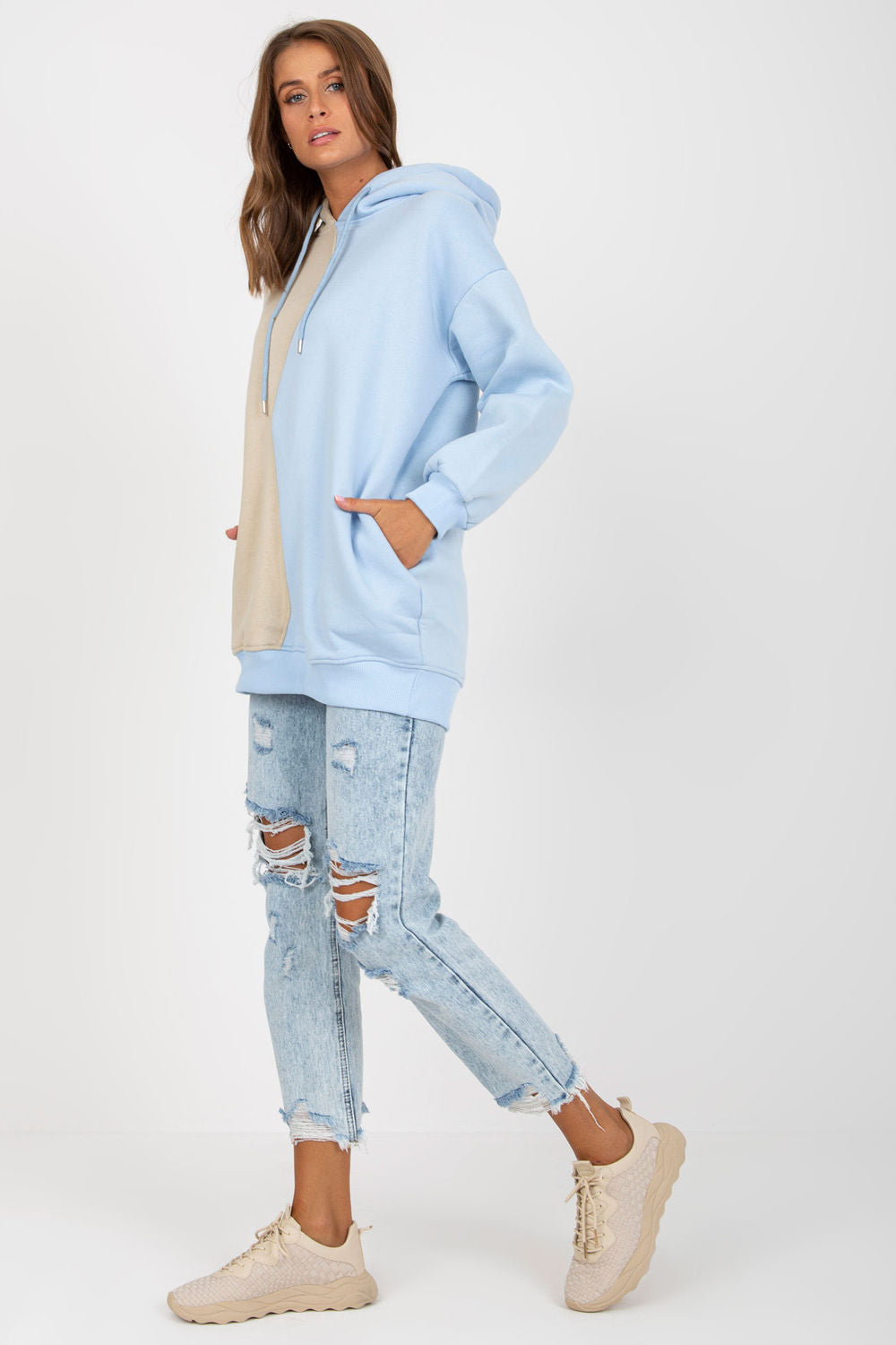 Rue Paris Light Blue Cotton Hooded Long Sleeve Sweatshirt - view 3