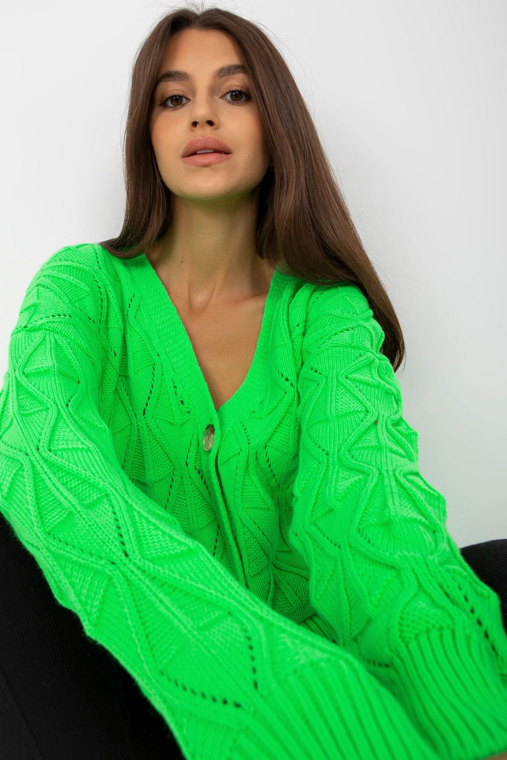 Rue Paris Neon Green Button Front Long Sleeve Cardigan - view 2