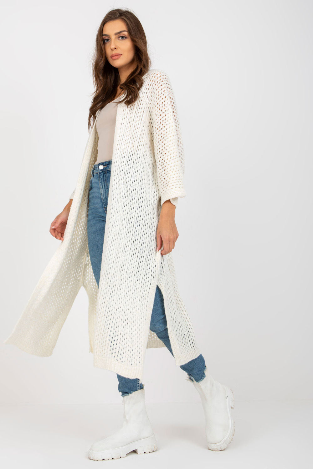 Och Bella Ecru Openwork Long Sleeve Cardigan