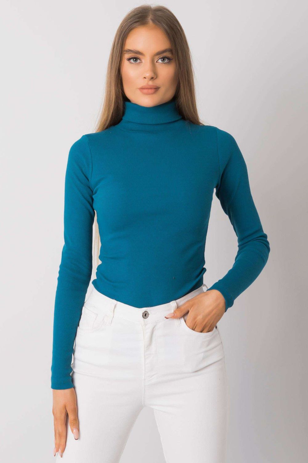Rue Paris Teal Bodycon Long Sleeve Roll Neck Jumper