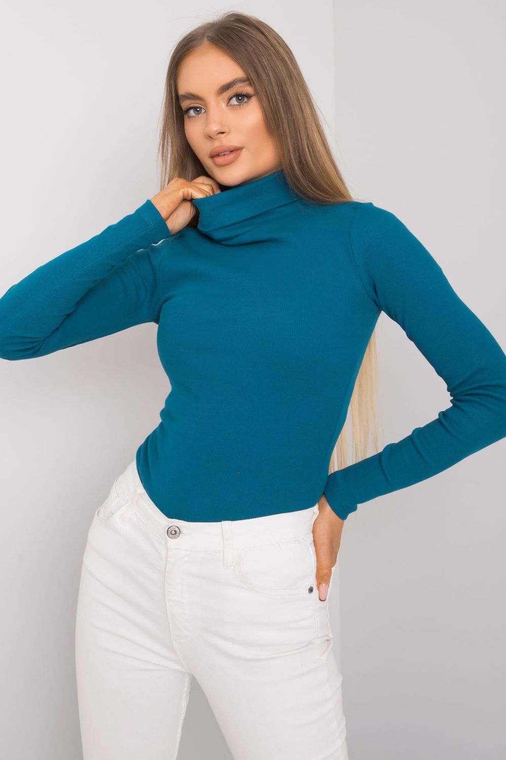 Rue Paris Teal Bodycon Long Sleeve Roll Neck Jumper - view 2