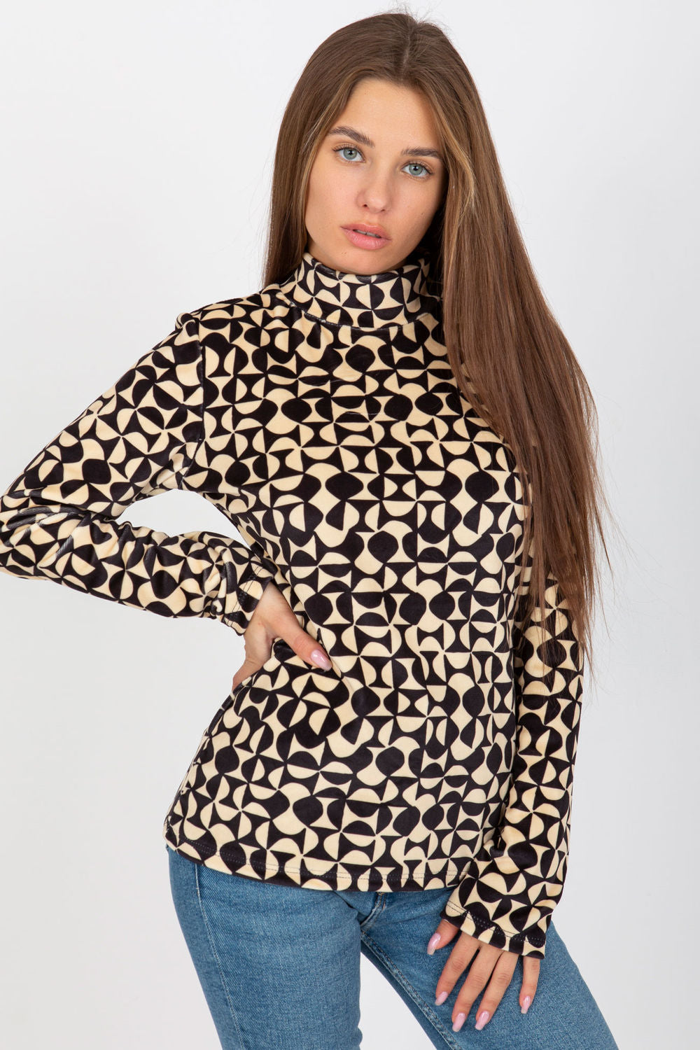 Rue Paris Beige Collared Velvet Long Sleeve Blouse