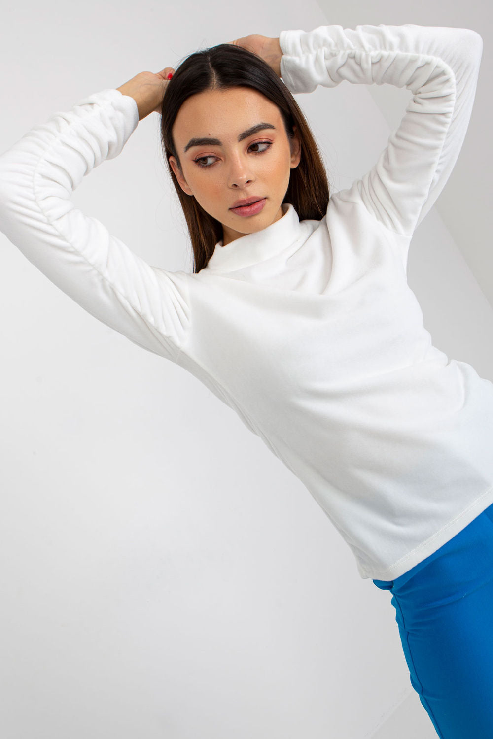 Rue Paris Ecru Stand Collar Velvet Long Sleeve Blouse - view 4
