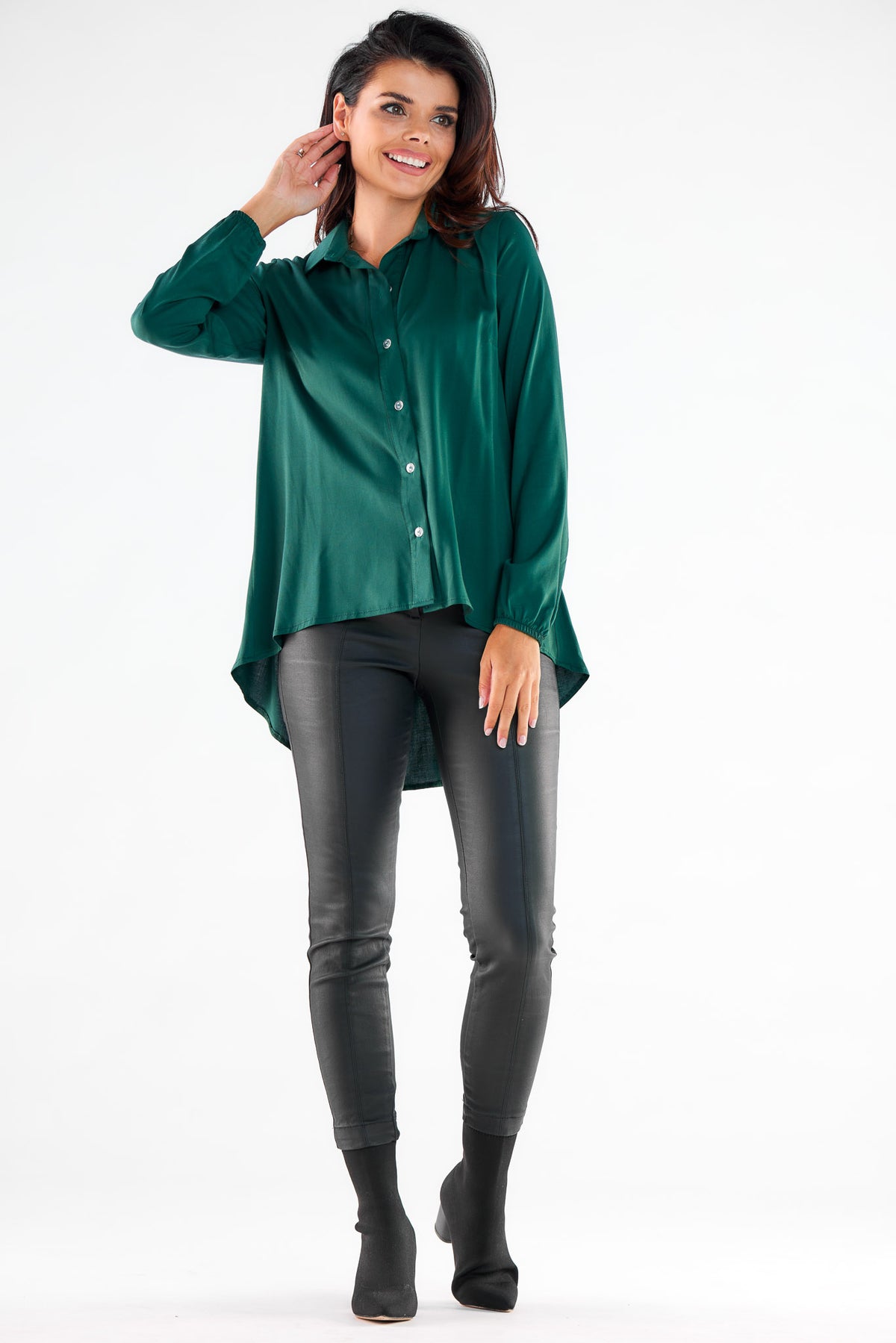 Awama Bottle Green Faux Leather Long Sleeve Top - view 2