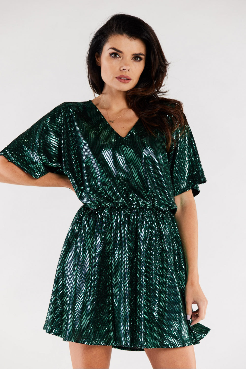 Awama Polka Dot Polyester Flared Short Sleeve Evening Dress
