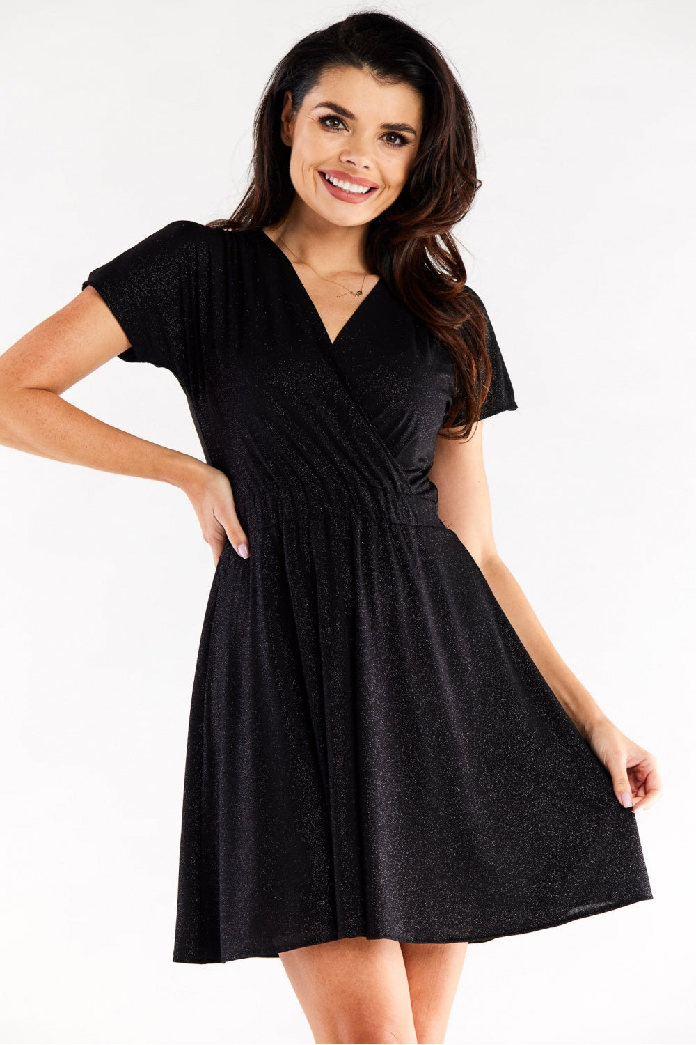 Awama Black Flared Short Sleeve Evening Dress