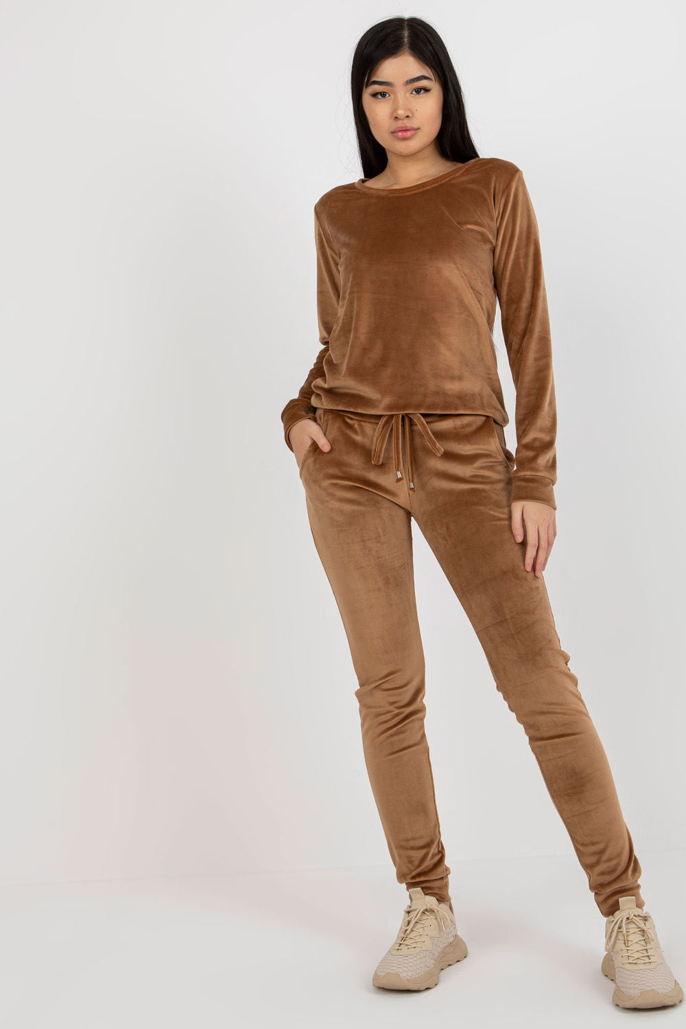 Rue Paris Camel Velvet Long Sleeve Co-Ord Set