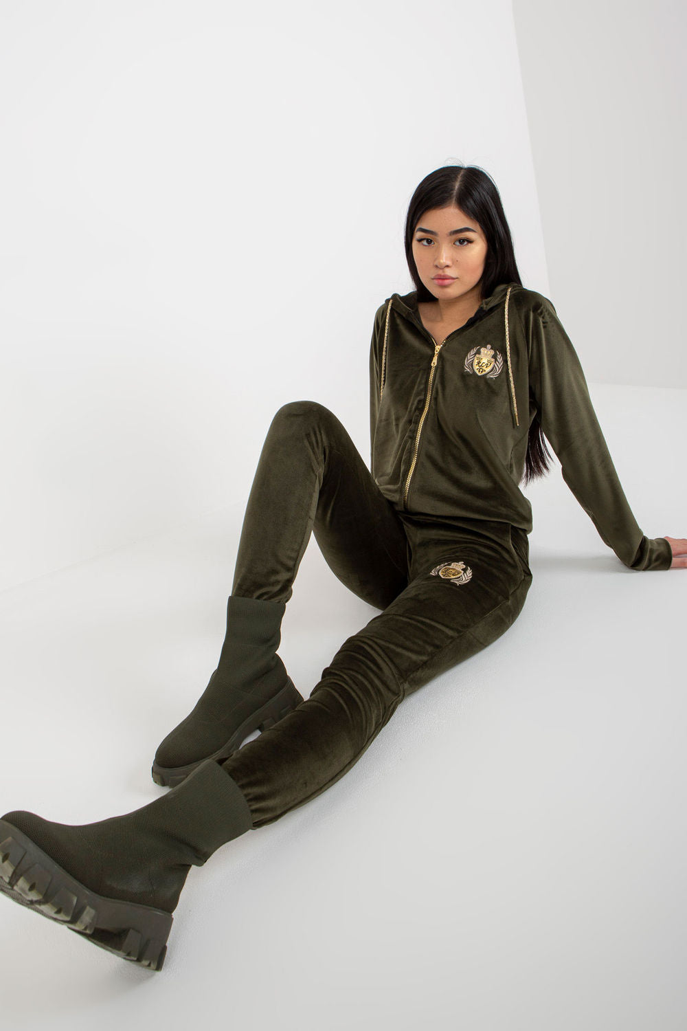 Relevance Khaki Velvet Long Sleeve Co-Ord Set with Pockets