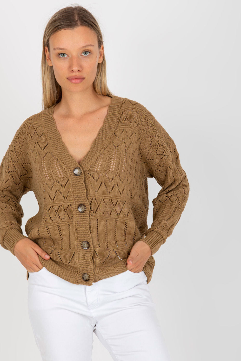 Rue Paris Dark Beige Button Front Cardigan