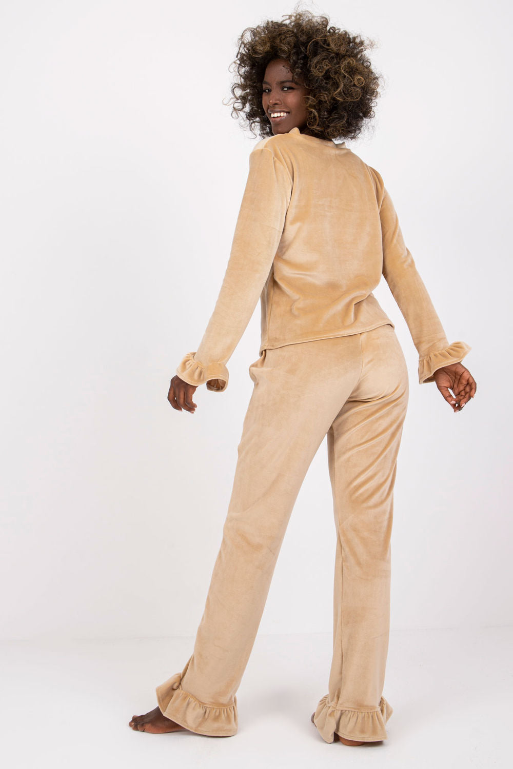 Rue Paris Camel Velvet Long Sleeve Pyjamas - view 3