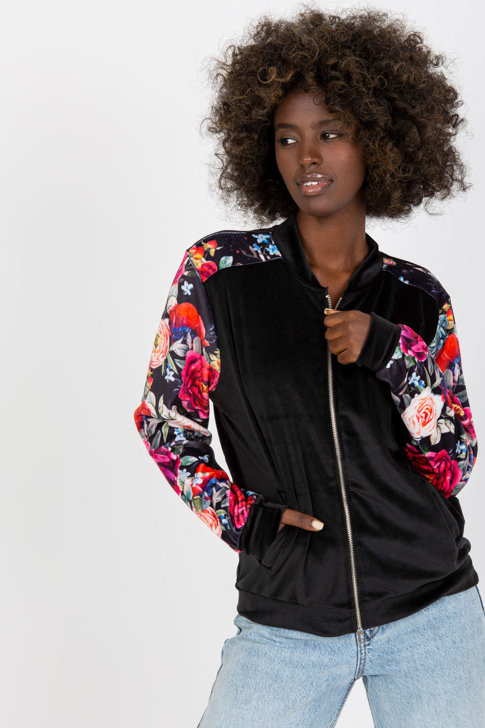 Rue Paris Black Velvet Zip Up Sweatshirt