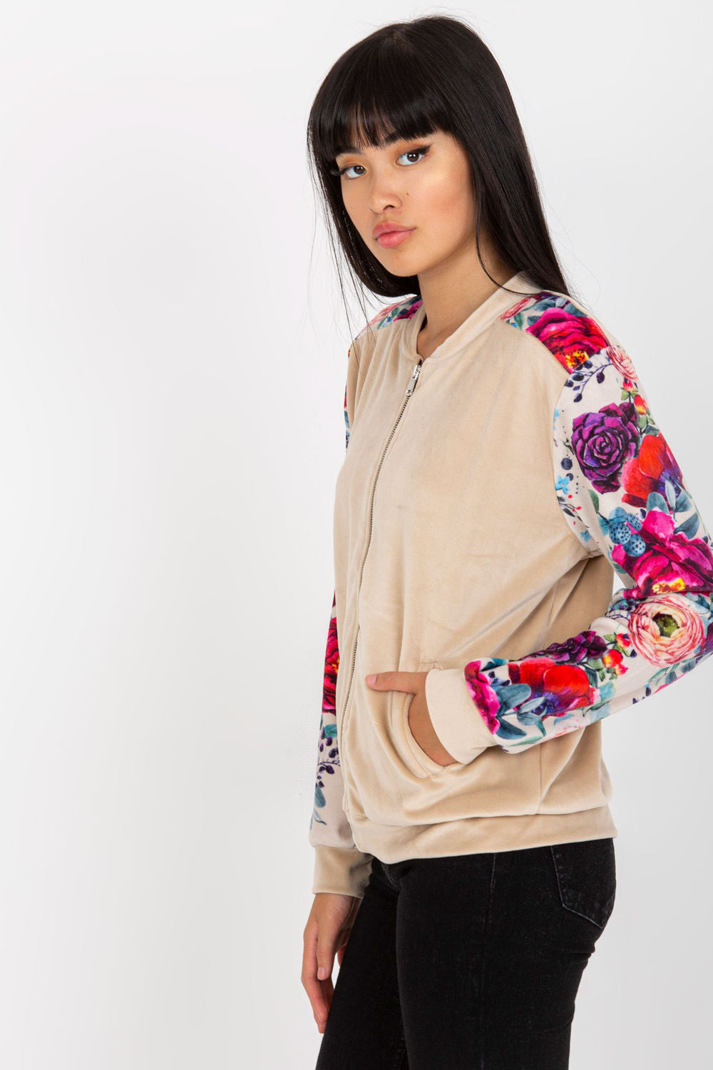 Rue Paris Beige Velvet Zip Up Sweatshirt - view 2