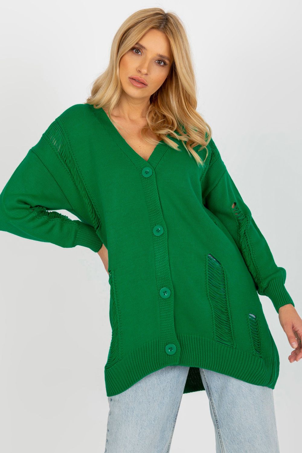 Rue Paris Green Button Front Long Sleeve Cardigan