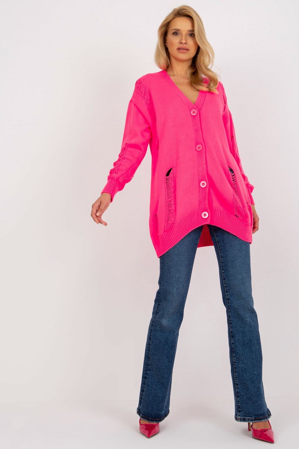 Rue Paris Neon Pink Button Front Acrylic Long Sleeve Cardigan
