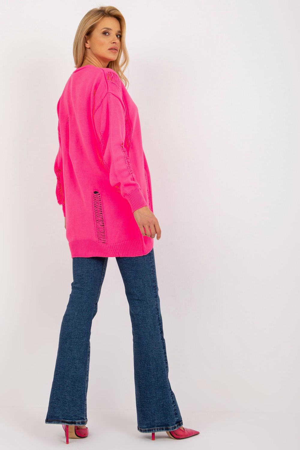 Rue Paris Neon Pink Button Front Acrylic Long Sleeve Cardigan - view 3