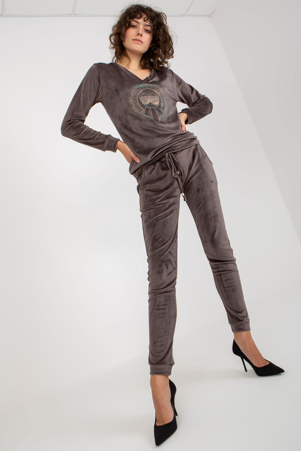 Relevance Dark Grey Velvet Long Sleeve Co-Ord Set