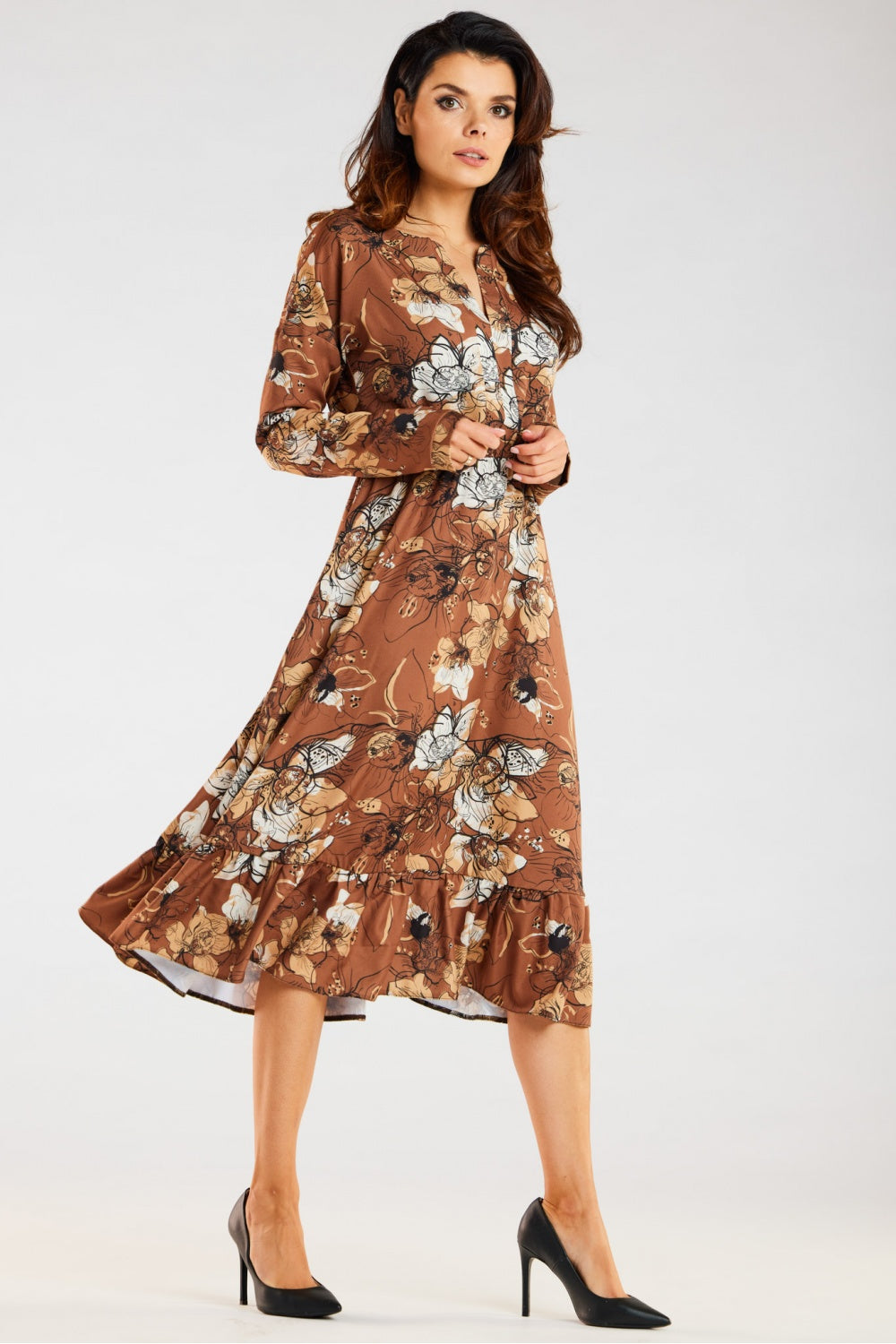 Awama Patterned Midi Flared Long Sleeve Dress - view 3