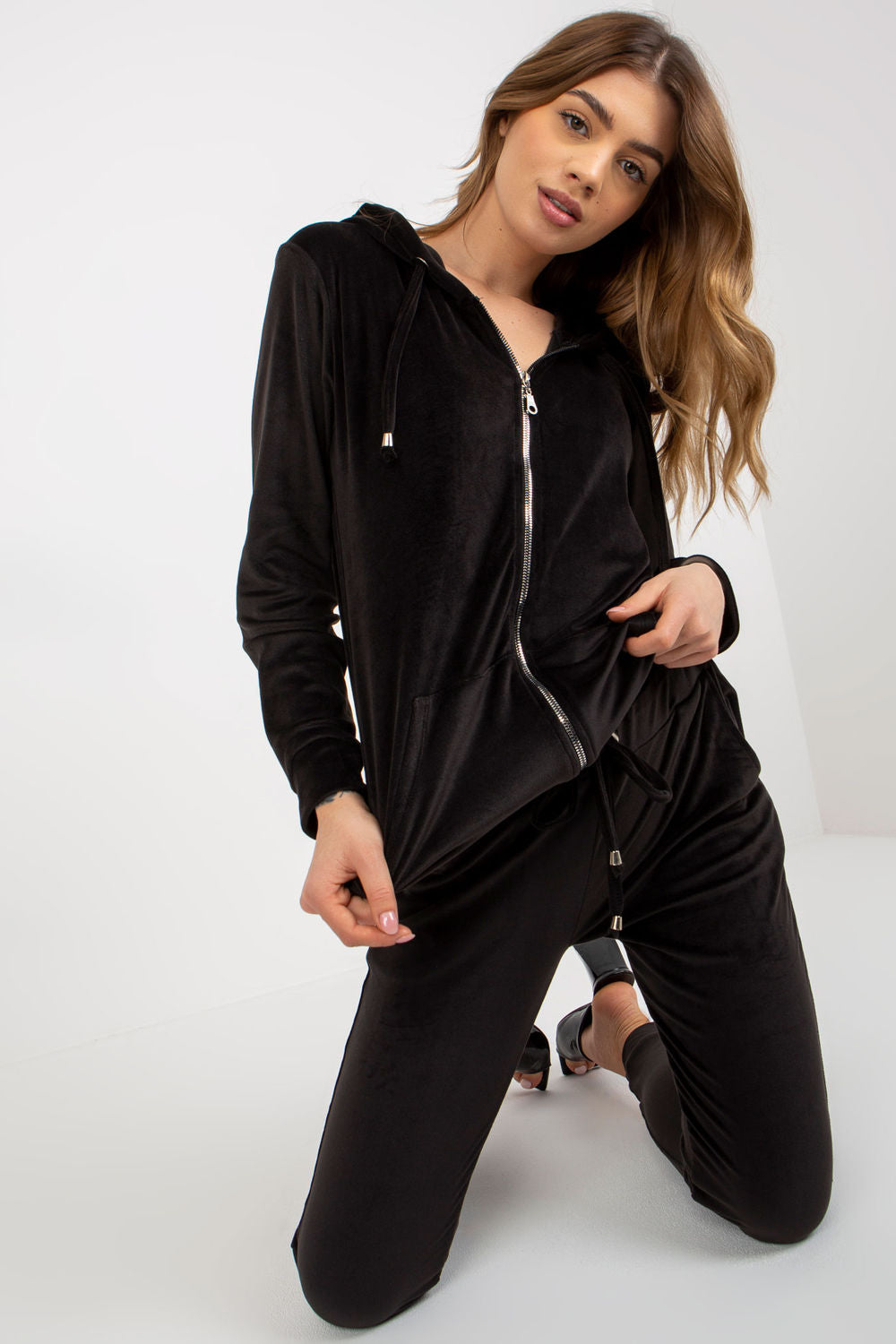 Relevance Black Velvet Long Sleeve Co-Ord Set with Pockets - view 2