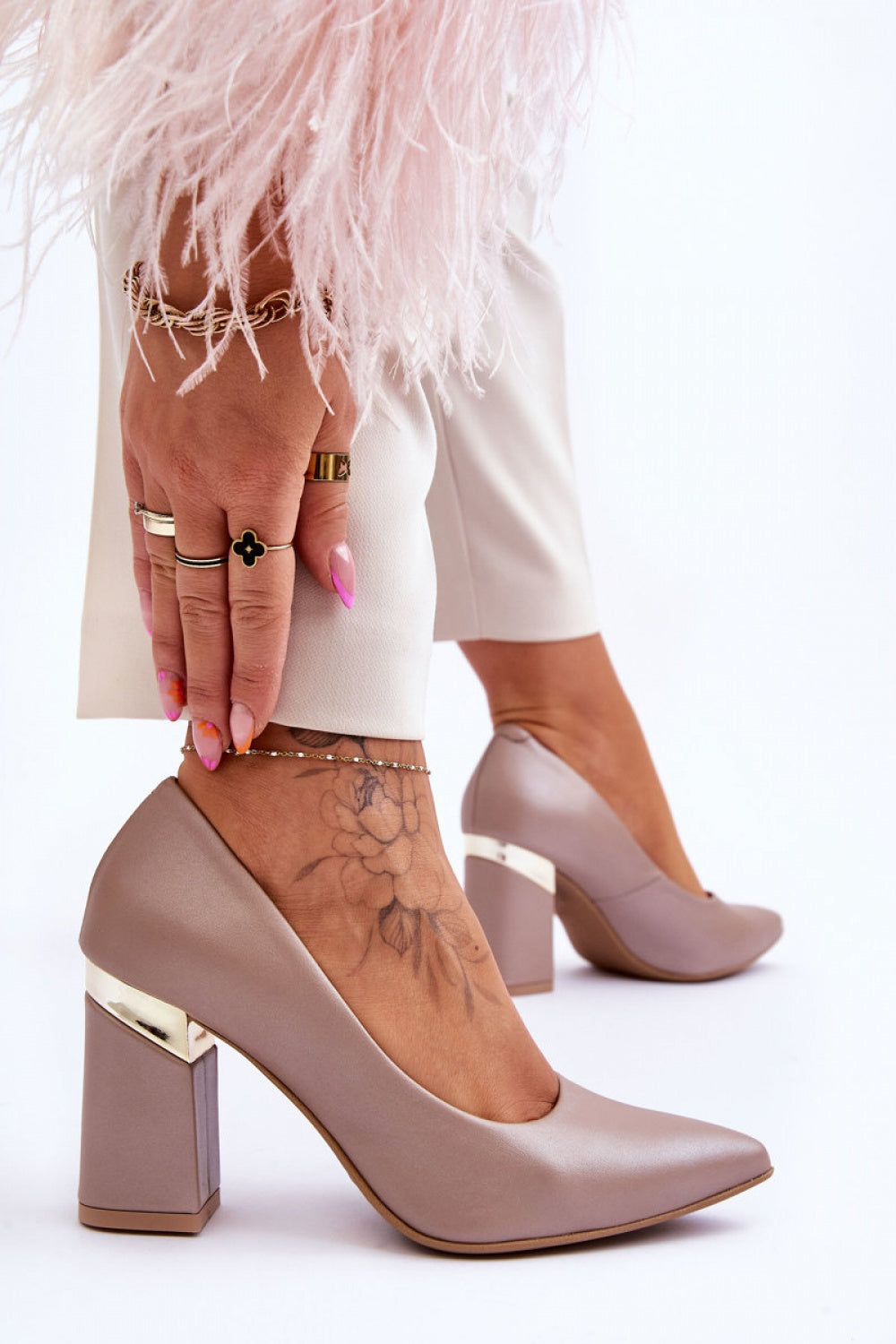 Step In Style Beige Leather Block Heel Court Shoes with Pointed Toe - view 3